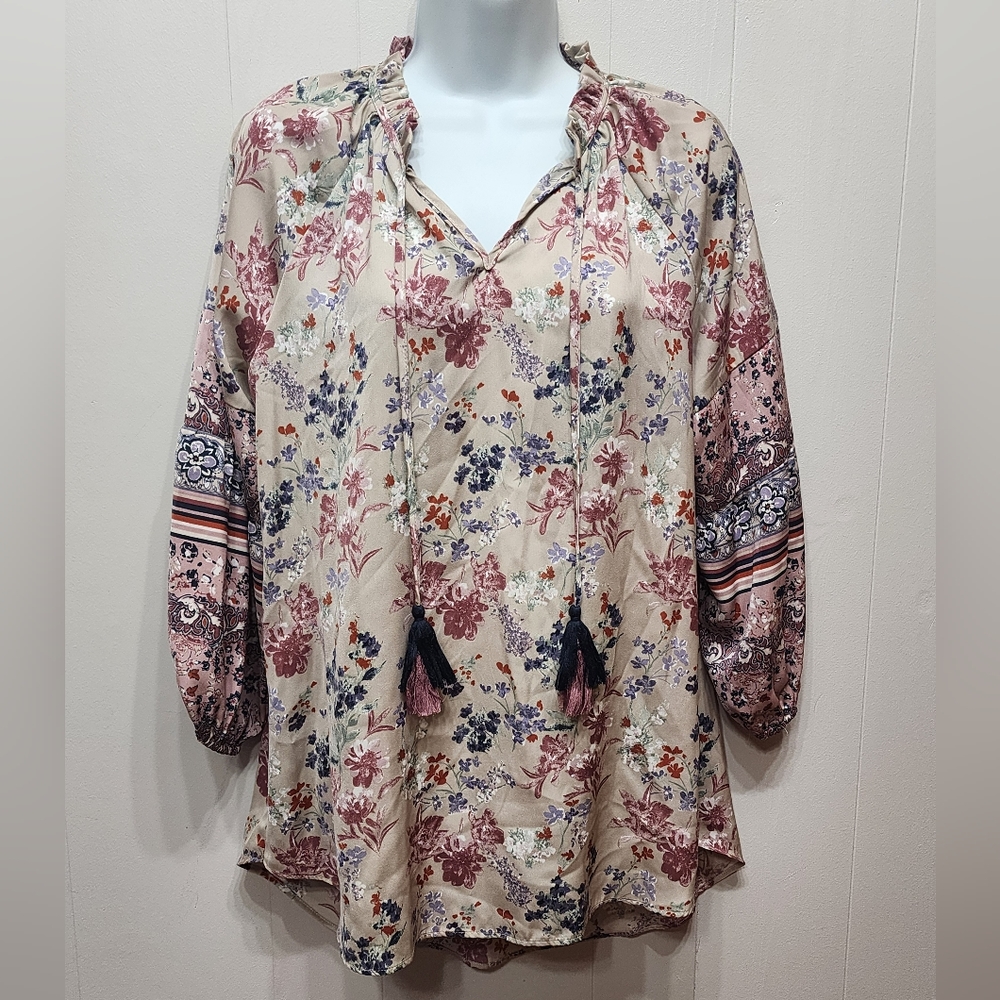 Cato Floral Tunic Blouse Medium Boho Tassles Beige Multicolor‎ Casual B283